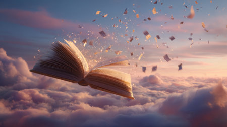 A magical book hovers in a vibrant sky its pages scattering sparkling words into the clouds.の素材