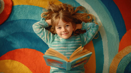 Brightly colored room welcomes a happy child enjoying a story while relaxing on a playful rug.の素材