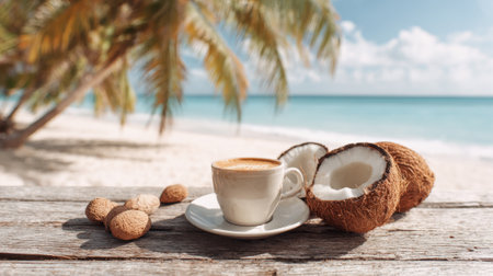 Cups of coffee and fresh coconut shells rest on a table by a beautiful beach inviting relaxation.の素材