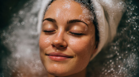A woman savors tranquility with bubbles enveloping her in a soothing bath eyes closed.の素材