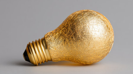 A golden light bulb sits elegantly on a flat surface showing its intricate texture and warm glow.の素材