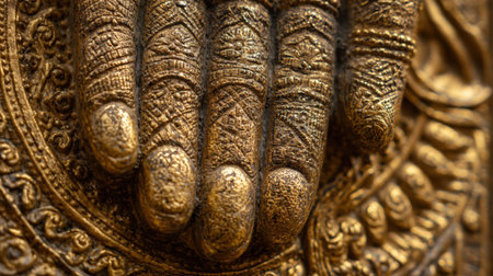 Close up of a beautifully crafted hand sculpture rich in detailed patterns and textures.の素材