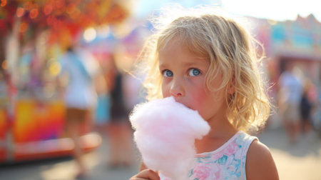 A little girl with curly hair tastes cotton candy while standing at a lively fair with vibrant colors.の素材