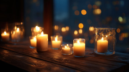 Candles flicker softly on a wooden surface illuminating the space as twilight settles over the urban landscape.の素材