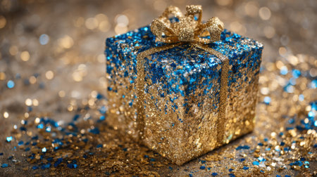 A beautifully wrapped gift sparkles with gold and blue glitter creating a joyful festive atmosphere.の素材