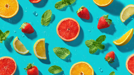 Brightly colored fruits like oranges lemons grapefruits and strawberries scattered with fresh mint leaves.の素材