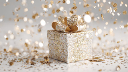 A beautifully wrapped gift box sparkles as golden confetti falls adding joy to the celebration.の素材