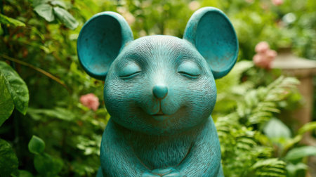 A tranquil turquoise mouse statue sits peacefully among vibrant plants and blooming flowers.の素材
