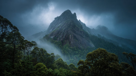A towering mountain rises above dense green forests shrouded in mist and clouds during early morning hours.の素材