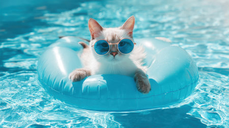Fluffy cat wearing stylish sunglasses lounges on a float while basking in the sun by the pool.の素材