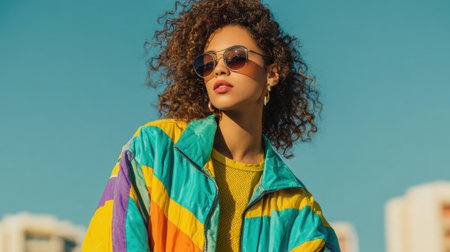 Model poses confidently outdoors wearing a vibrant jacket and sunglasses against a clear blue sky.の素材