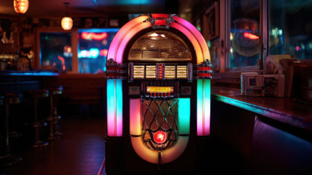 A vibrant jukebox stands in a cozy bar casting colorful lights in the dim atmosphere.の素材