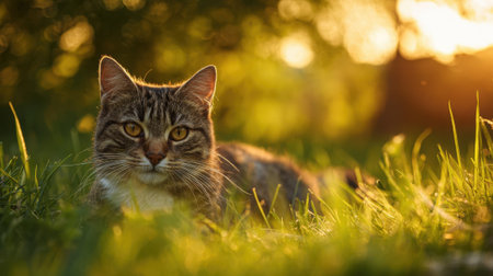 A tabby cat lounges peacefully in the green grass as warm sunlight sets in the background.の素材