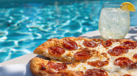Savoring delicious pepperoni pizza and a refreshing drink next to a bright pool on a warm day.の素材