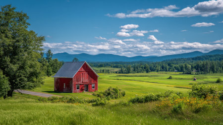 A striking red barn sits in a verdant landscape under puffy clouds and bright blue skies.の素材