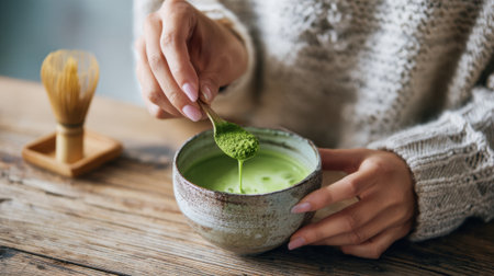 A person is carefully spooning matcha powder into a bowl ready to whisk it into a drink.の素材