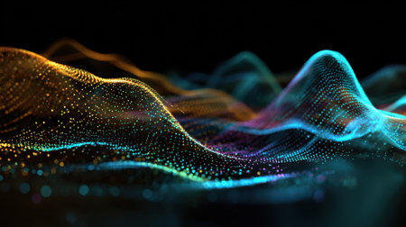 Bright flowing patterns of light form smooth waves in an abstract digital space captivating viewers.の素材