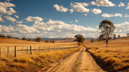 A serene dirt road leads through sprawling golden fields with white fluffy clouds above.の素材
