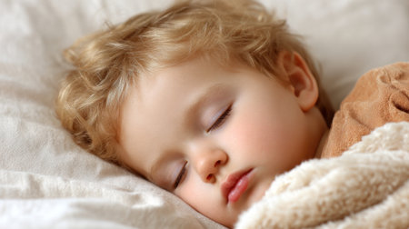 A young child with curly hair is sleeping soundly wrapped in soft blankets in a warm setting.の素材