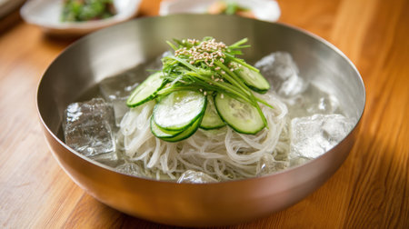 A delightful serving of cold noodles topped with cucumber slices and sesame seeds sits in a metallic bowl filled with ice.の素材