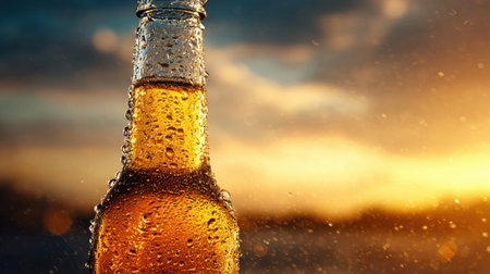 A bottle of golden drink sparkles with droplets as the sun sets casting a warm glow over the scene.の素材