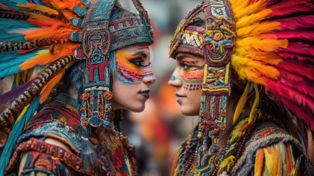Two individuals wearing intricate colorful costumes face each other showcasing rich cultural heritage.の素材