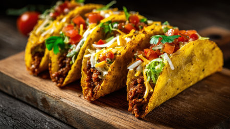 Five vibrant tacos filled with meat and fresh toppings offer a feast for the senses.の素材