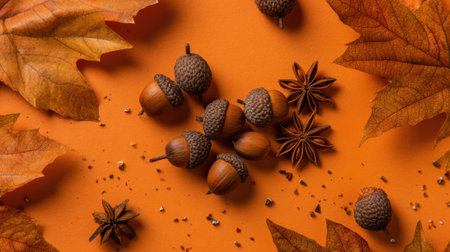 Acorns and star anise surrounded by vibrant fall leaves create a warm seasonal display.の素材