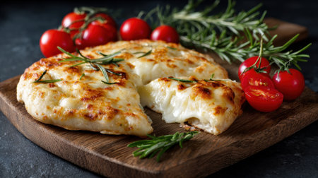 Delicious cheese bread sits on a wooden board paired with fresh tomatoes and fragrant herbs.の素材