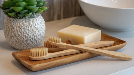 Eco friendly toothbrushes and a bar of soap sit together on a wooden tray in a cozy bathroom setting.の素材
