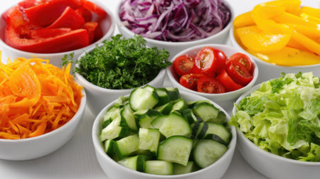Brightly colored vegetables are neatly displayed in bowls perfect for preparing a fresh salad.の素材