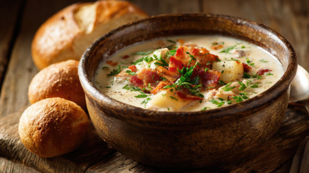 Delicious creamy soup filled with potatoes and bacon paired with freshly baked rolls on a rustic table.の素材