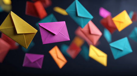 Brightly colored envelopes are seen floating in mid air symbolizing messages and connection.の素材