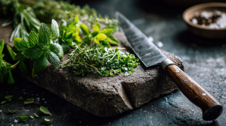 A variety of fresh herbs like mint and thyme sit on a wooden cutting board, accompanied by a sharp knife. The warm evening light brings a cozy feel to the kitchen atmosphere.の素材