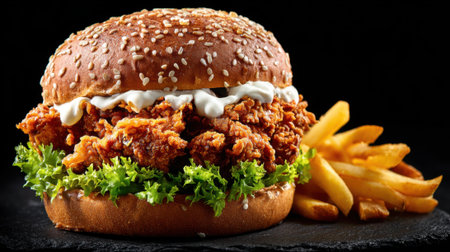 A crispy chicken sandwich piled high with lettuce and sauce served with golden fries on the side.の素材