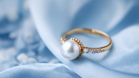 A stunning pearl ring is resting on a smooth blue fabric. The ring features a large, glossy pearl surrounded by small gemstones, showing a blend of elegance and charm.の素材
