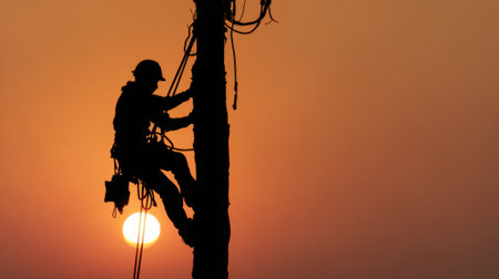 A lineman ascends a tall utility pole silhouetted by a vibrant sunset showing casing determination.の素材