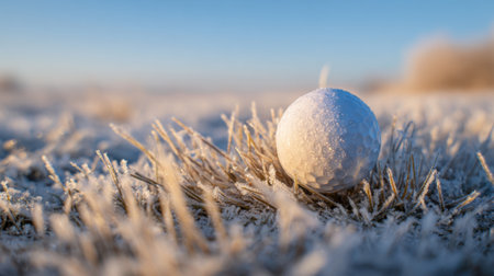 A golf ball coated in frost lies on the icy grass during early morning light. The serene scene captures the stillness of a cold winter day at dawn.の素材