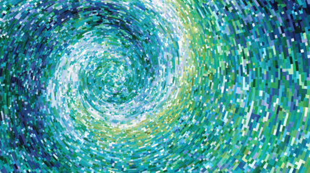 Bright blue and green blocks swirl together, forming a captivating vortex. The vibrant colors blend seamlessly, drawing viewers into the dynamic pattern and energetic motion.の素材