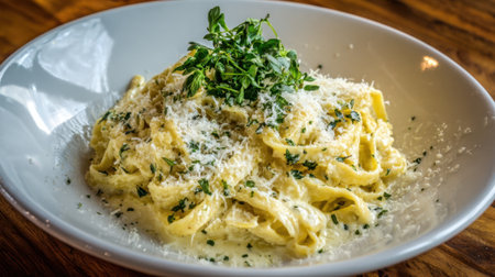 A bowl of fettuccine is served with creamy sauce fresh herbs and a sprinkle of cheese on wood.の素材