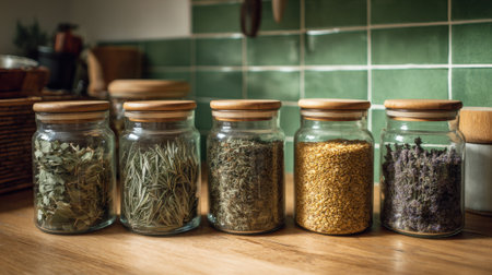 Various herbs and spices are neatly arranged in glass jars with wooden lids on a wooden countertop against a green tiled kitchen background.の素材
