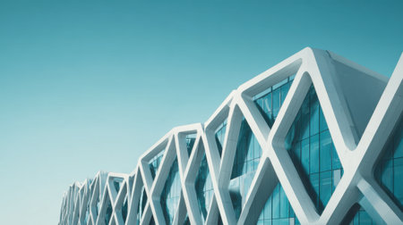 A striking building displays innovative shapes and large glass windows under a clear blue sky.の素材