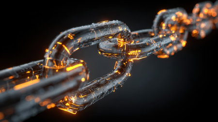 A close-up view of a striking digital chain that appears to be glowing. The intricate details of the links highlight a futuristic design, with lights shining through them.の素材