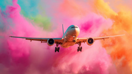 An airplane gracefully flies above vibrant pink and orange smoke during a stunning sunset.の素材