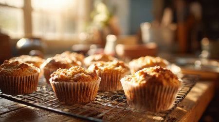 Warm sunlight streams into a cozy kitchen where freshly baked muffins rest on a wire rack, creating a delightful atmosphere filled with homemade goodness.の素材