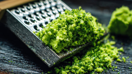 Bright green herbs and vegetables have been finely grated on a metal grater. They rest on a rustic wooden board, showcasing fresh ingredients for preparing flavorful dishes.の素材