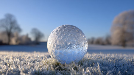A golf ball covered in frost sits on a snowy field with a bright blue sky above. Icicles decorate the landscape, suggesting a chilly winter morning in a quiet outdoor setting.の素材