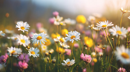 A field filled with vibrant flowers shines in the sunlight creating a peaceful spring scene.の素材