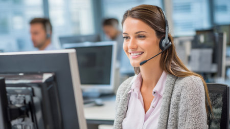 A cheerful woman wearing a headset helps customers from her desk in a bright office environment.の素材