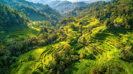 Sunlight casts a warm glow on green rice terraces in Bali creating a serene and beautiful scene.の素材